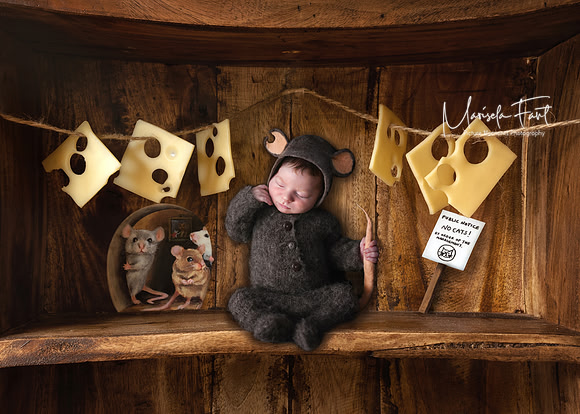 Newborn session mouse on a shelf.Picture Moments Photography | Marisela Fant | Digital Compositions